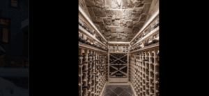 a wine storage room with shelves
